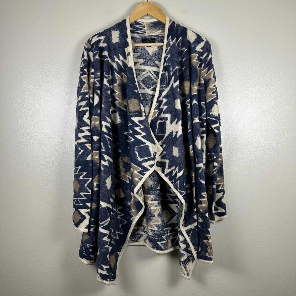 Lucky Brand Women's Medium Cardigan Blue Tan Southwestern Open Front Cottagecore